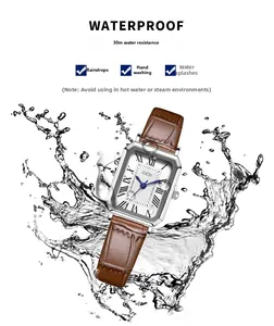 Classic rectangle silver watch with brown leather strap and dynamic water splash effects