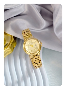 Detailed macro view of gold steel watch with Roman numerals and date display