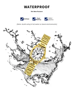 Waterproof tonneau-shaped gold watch with Roman numerals and stainless steel strap