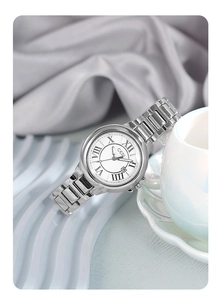 Detail of GEDI women watch with silver steel band and Roman numeral dial on silk background