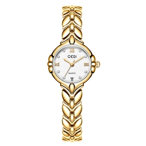 GEDI elegant gold wheat ear link quartz watch for women with date window and white dial