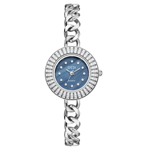 Elegant women quartz watch with blue sunray dial and silver Cuban chain strap