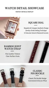 Détail de la montre à quartz carrée avec perles et bracelet en cuir à texture bambou