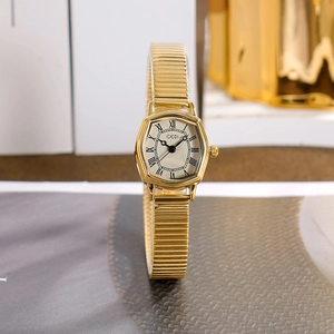 Vintage Women's Quartz Watch Tonneau Case Roman Numerals Stainless Steel Expansion Band Waterproof Gold Tone Elegant