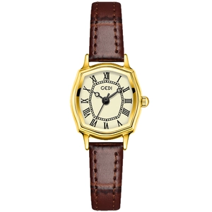 Orologio vintage dorato a botte con numeri romani e cinturino in pelle marrone