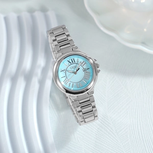 Silver steel strap watch with light blue Roman numeral dial and date display