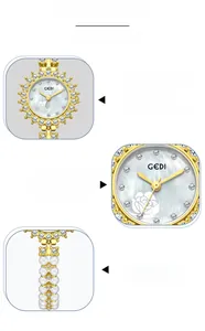Detail of GEDI quartz watch with pearl bracelet, crystal bezel and floral mother of pearl dial