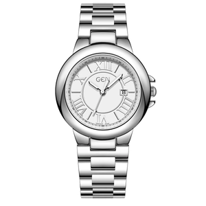 GEDI luxury silver steel quartz watch for women with Roman numerals and date display