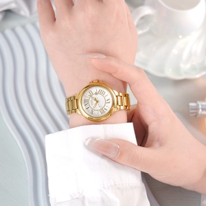 GEDI luxury gold stainless steel watch for women with white Roman numeral dial and date window