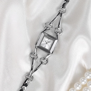 Elegant silver square quartz watch for women with stylish horseshoe bracelet strap