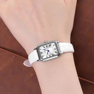 Classic vintage square ladies watch with white leather strap and roman numeral dial