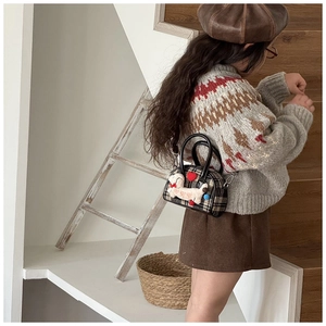 Mini plaid kids handbag with cute white plush puppy and red heart on shoulder strap