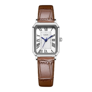 Classic rectangular vintage women's watch with silver case and brown leather strap