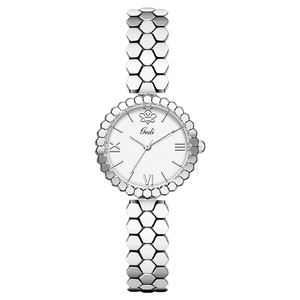 Women's silver watch with honeycomb link band and white dial featuring bee logo