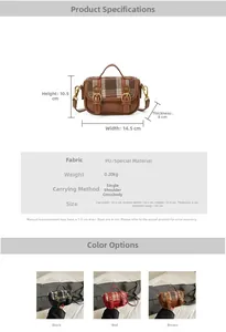 Detailed size chart for vintage plaid girls crossbody bag with dimensions and PU material info