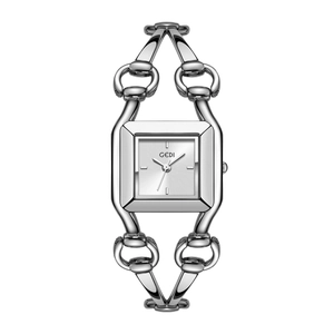 Elegant silver square quartz watch with a unique chain bracelet strap for women