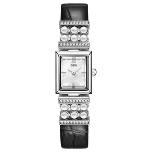 Montre carrée élégante pour femme avec perles et bracelet en cuir serti de diamants