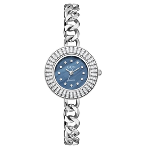 Elegant zilveren GEDI quartz horloge met kristallen bezel en blauwe wijzerplaat