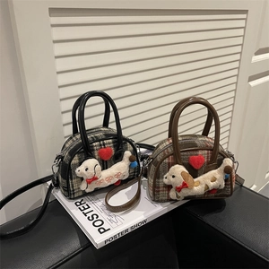 Kids Plaid Woolen Shoulder Bag Cute 3D Plush Dog Decor Handbag Crossbody Tote For Toddler Girls Boys