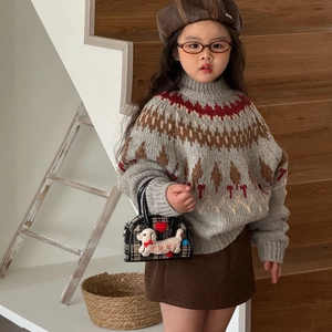 Kids vintage Fair Isle knit sweater with high neck and plaid puppy handbag detail