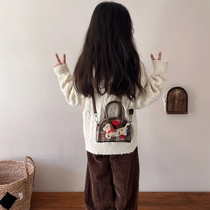 Kids plaid handbag with plush dachshund puppy and heart detail, crossbody style for toddlers