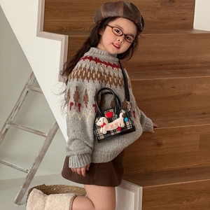 Kids plaid plush puppy handbag with retro jacquard sweater and brown leather beret