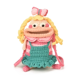 Sac bandoulière monstre en crochet rose pour enfants avec cheveux jaunes et grande bouche