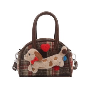 Mini sac à main à carreaux marron avec chiot en peluche et cœur pour fillettes