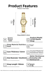 Detailed specifications of small oval gold quartz watch with flexible stretch band