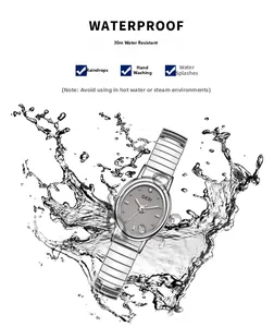 Detail showing GEDI women's quartz watch with 30m waterproof rating and splash protection