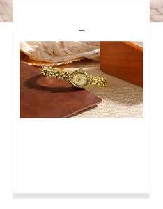 Macro shot of an octagonal gold watch dial on vintage book pages and leather background