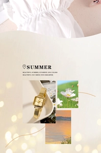 Detail of square gold watch with mesh strap and floral dial on a summer lifestyle collage