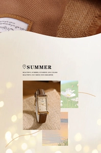 Detail of elegant rectangular gold watch with brown leather strap on linen background