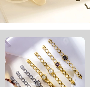 Detail view of retro square quartz watches with elegant anchor chain bracelets in various colors