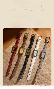 Close-up of elegant rectangular quartz watches with vintage leather straps in five colors