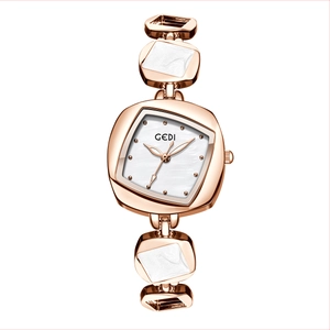 Elegant rose gold irregular diamond watch for women with mother-of-pearl dial and marble links