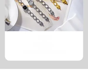 Detailed view of minimalist square quartz bracelet watches in gold and silver finishes