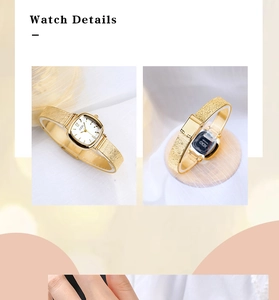 Detailed views of a gold quartz watch with a textured mesh strap and rectangular dial