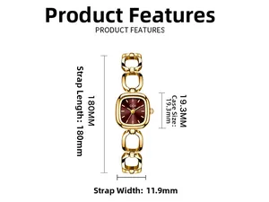 Detailed dimension guide for GEDI luxury square watch with bracelet strap and dial size