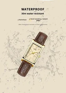 Macro shot of GEDI square dial watch with water splash showing 30m water resistance