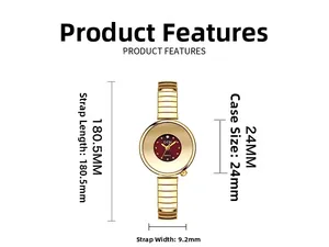 Detailed dimensions of gold quartz watch with 24mm case and 180.5mm elastic strap