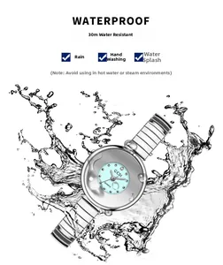Close-up of women's quartz watch with mint blue dial and water splash effect for waterproof detail