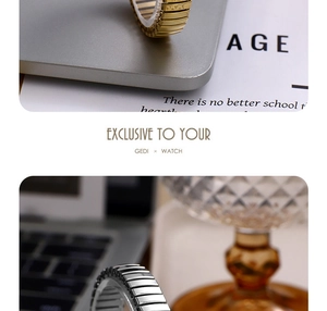Close-up of Gedi quartz watch elastic band with ribbed texture in gold and silver