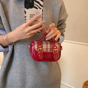 Vintage red plaid woolen crossbody bag for girls with shiny patent leather and metal buckles