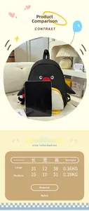 Guide des tailles pour sac à dos pingouin mignon montrant les dimensions du nylon noir