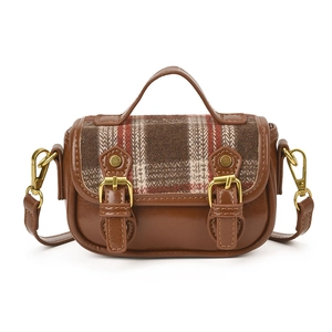 Vintage plaid wool blend shoulder bag for girls with faux leather and gold buckle