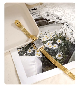 Detail of GEDI square gold watch with stainless steel back and mesh band on decorative tray