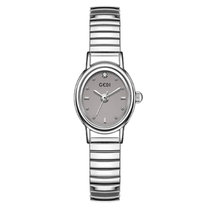 Elegant oval silver ladies quartz watch with dark grey dial and flexible snake chain strap