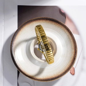 GEDI luxury gold women's watch with flexible metal stretch band in ceramic bowl display