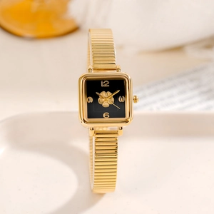 Women Square Quartz Watch With 3D Camellia Flower Pattern Waterproof French Retro Elegant Metal Stretch Band Wristwatch